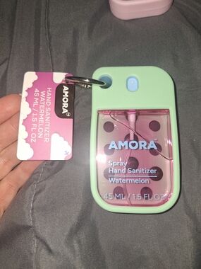 AMORA Watermelon Spray Hand Sanitizer with Mint Green Silicone Case